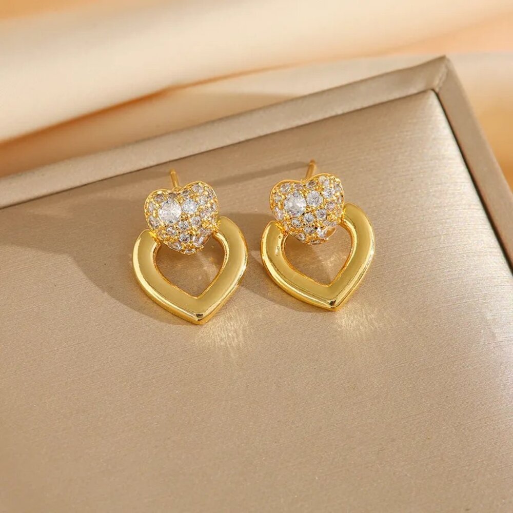3/$35 Gold Tone Titanium Steel CZ Heart Dangle Drop Earrings Zircon Ear Studs